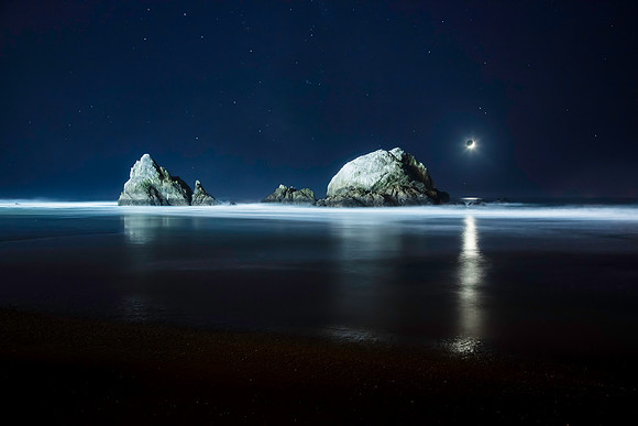Seal Rocks with Crescent Moon